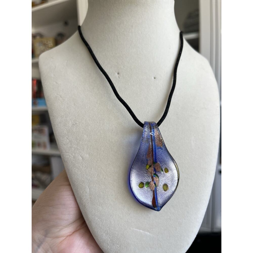 Hand Blown Glass Tear Drop Necklace Artisan Pendant Yellow Blue Leaf Ribbon Cord